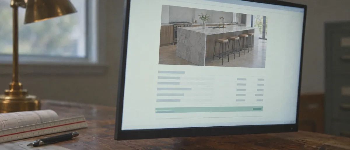 Kitchen remodel project page on a monitor beside plans and a scale ruler