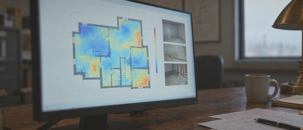 Floor plan with a moisture map and site photos on a monitor