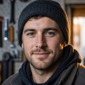 Close-up portrait of a contractor in a beanie.