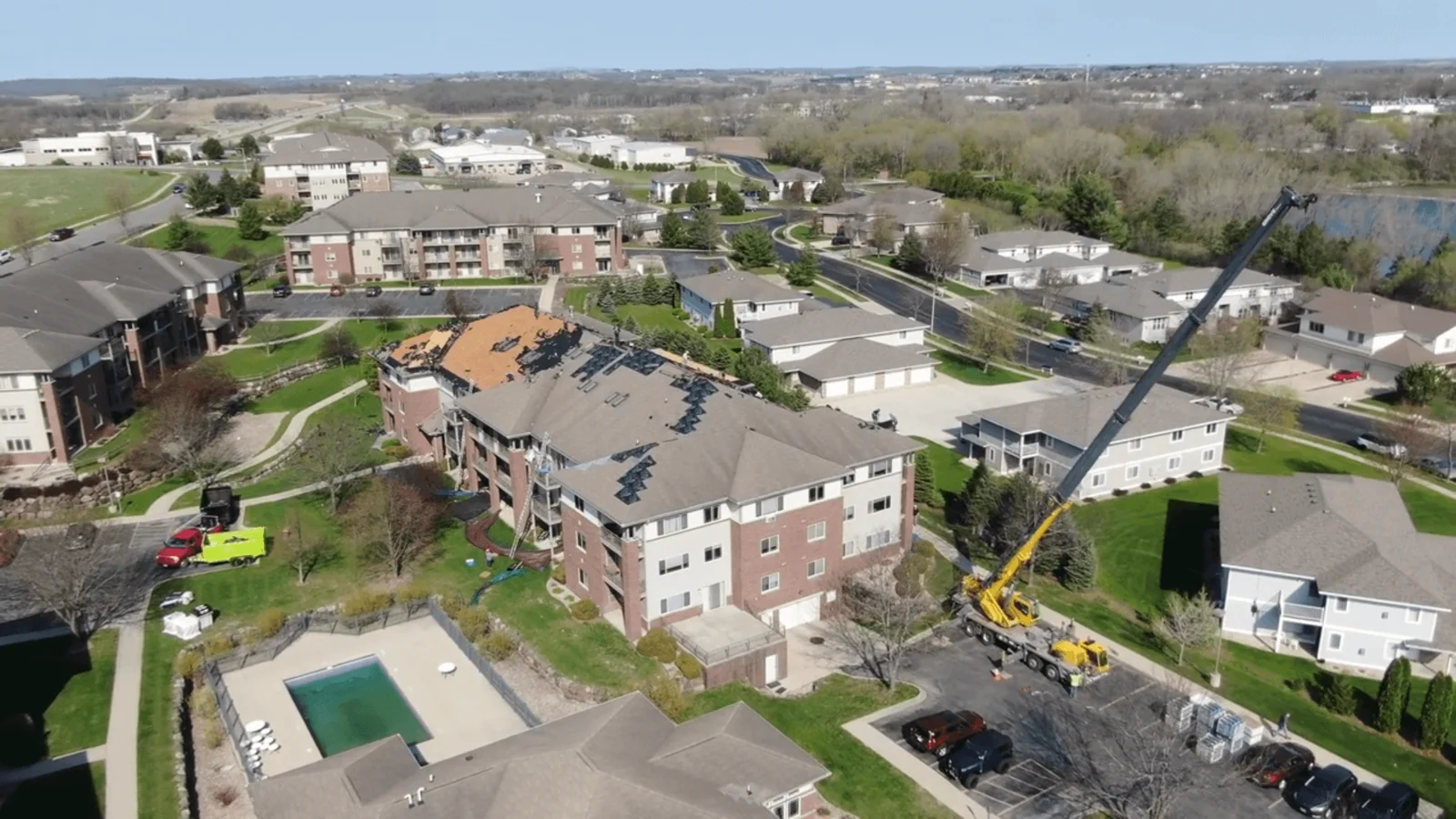 Aerial roofing project photograph from Heins Contracting