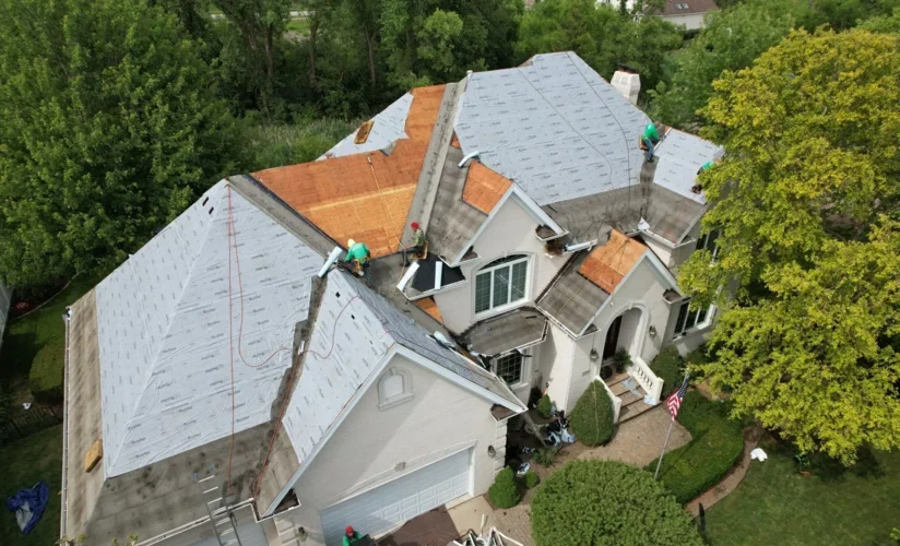 Aerial view of an O’Danny Boy Builders residential roofing project in progress