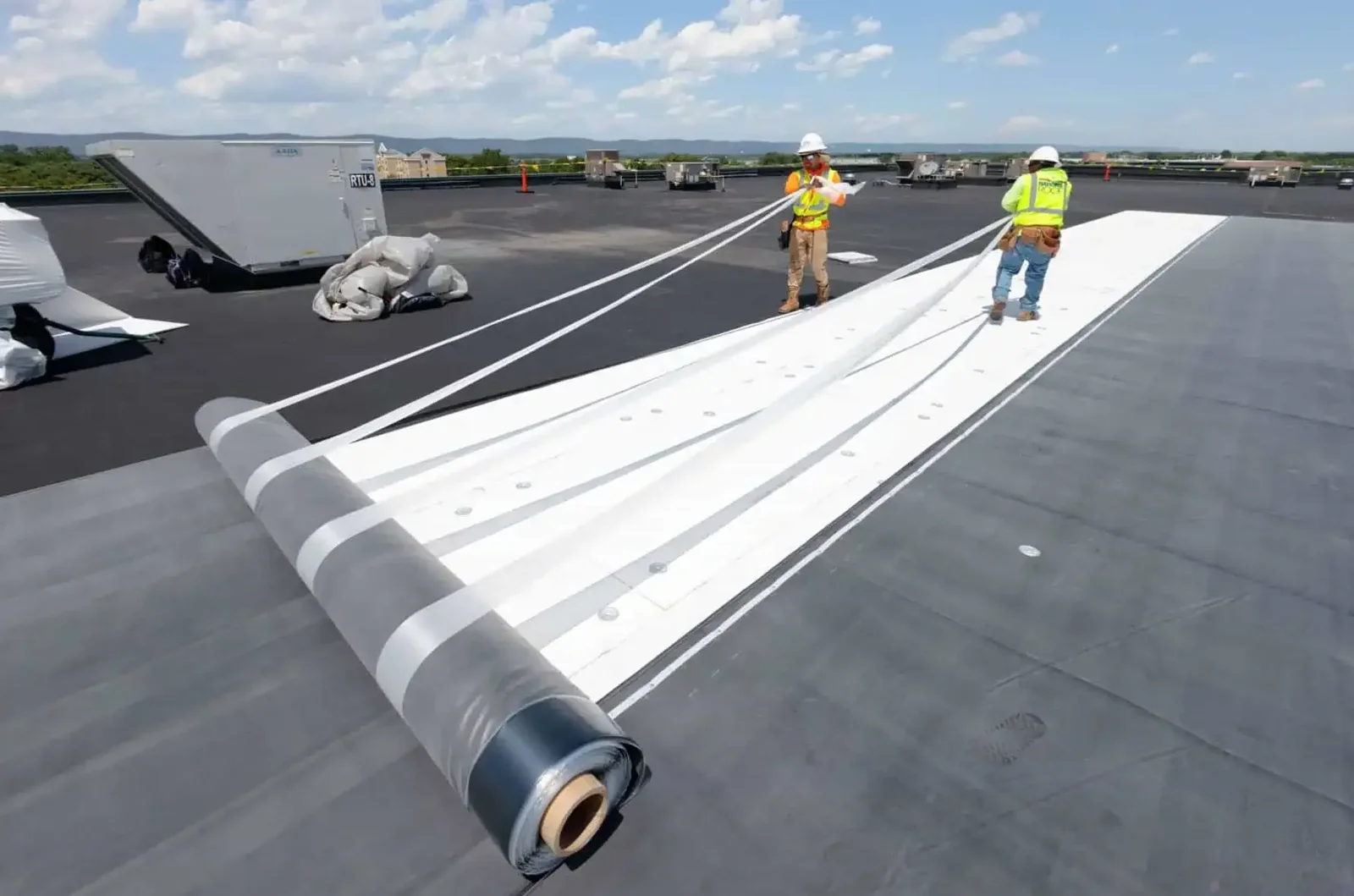 Roofing membrane installation photograph from Priority Commercial Nationwide