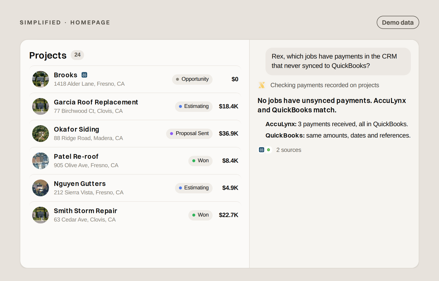 Demo: XBuild project list and Rex checking payment records between AccuLynx and QuickBooks